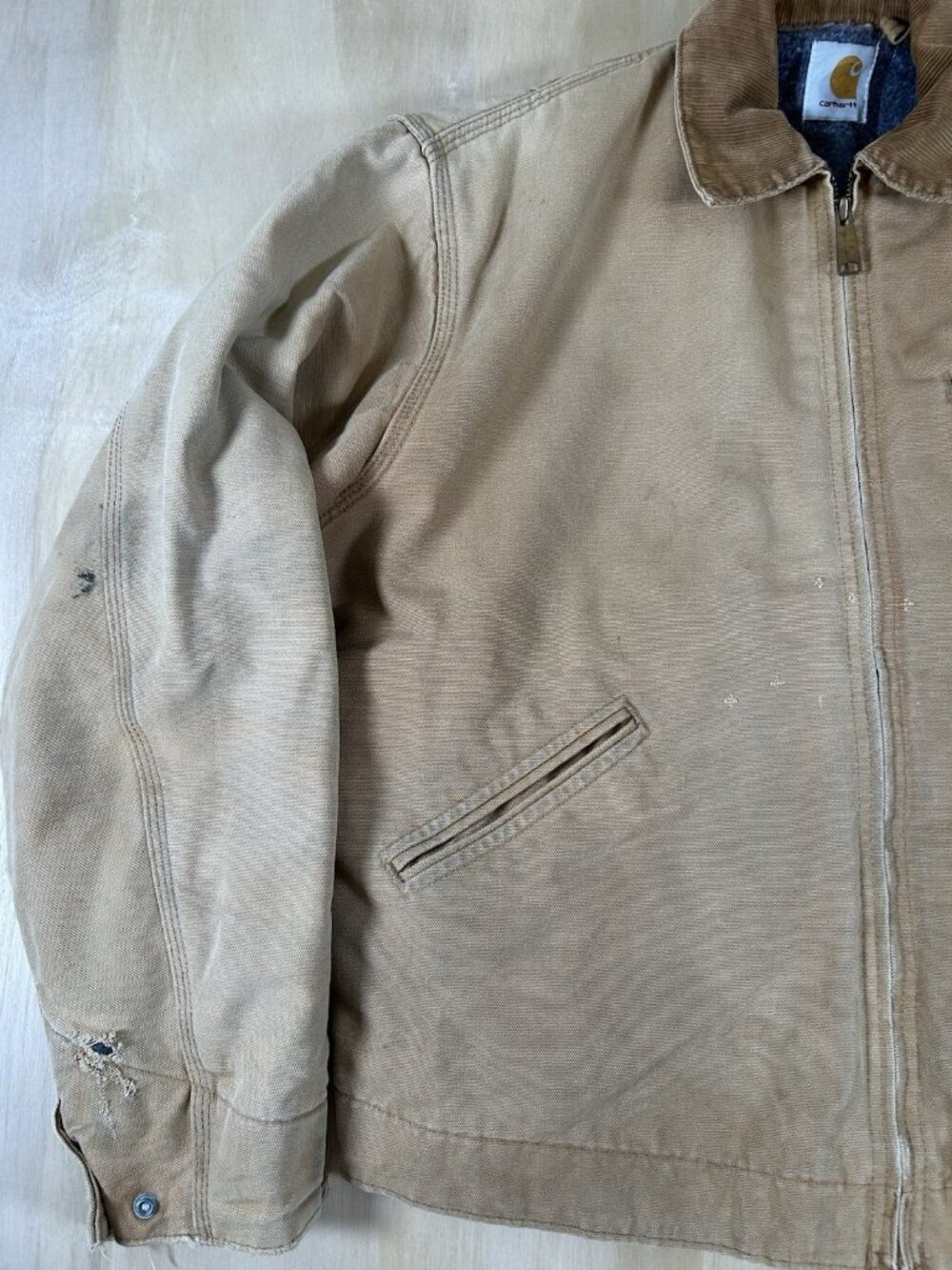 Vintage 1980s Carhartt Detroit Jacket Blanket Lined Tan Distressed Work Size M - Picture 3 of 14